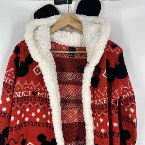Hot Topic Disney Mickey Minnie Cardigan Size Medium Red Sherpa Sweater Fair Isle - Picture 2 of 8